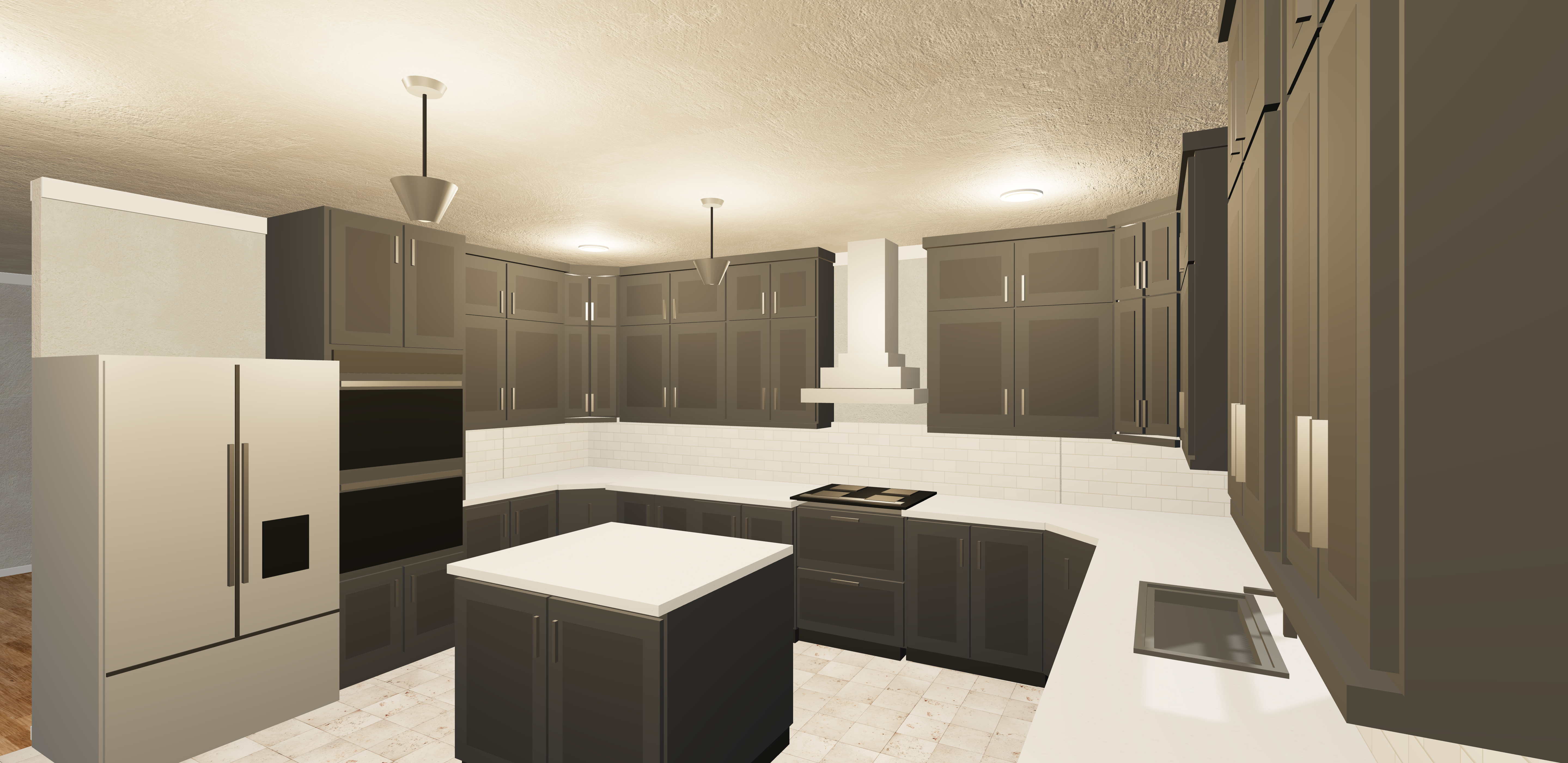 Kitchen designed in Permit Center’s Web 3D viewer, with dark cabinets and a white island
